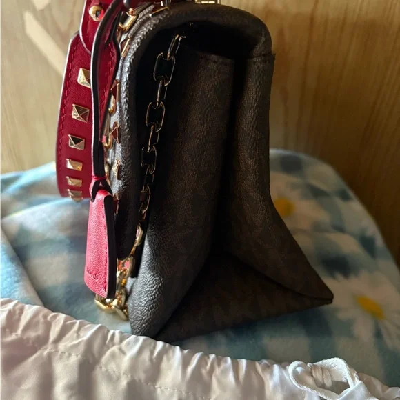 Michael Kors Cece Red and Brown Studded Chain Shoulder Bag - Picture 3 of 8